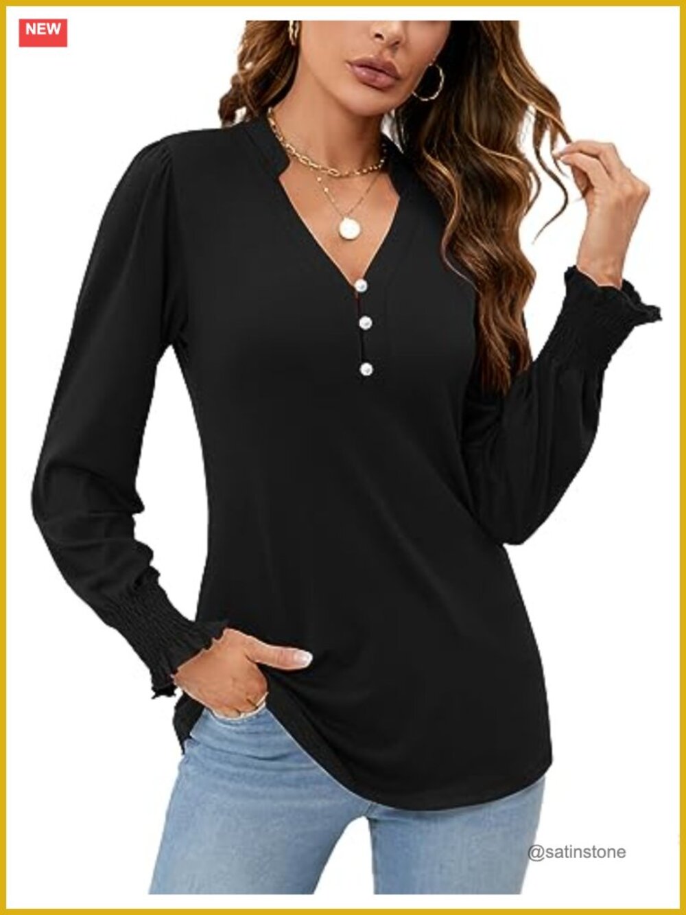 Women's V Neck Puff Long Sleeve Button Down Tunic Blouse Ruffle Cuffs Dressy